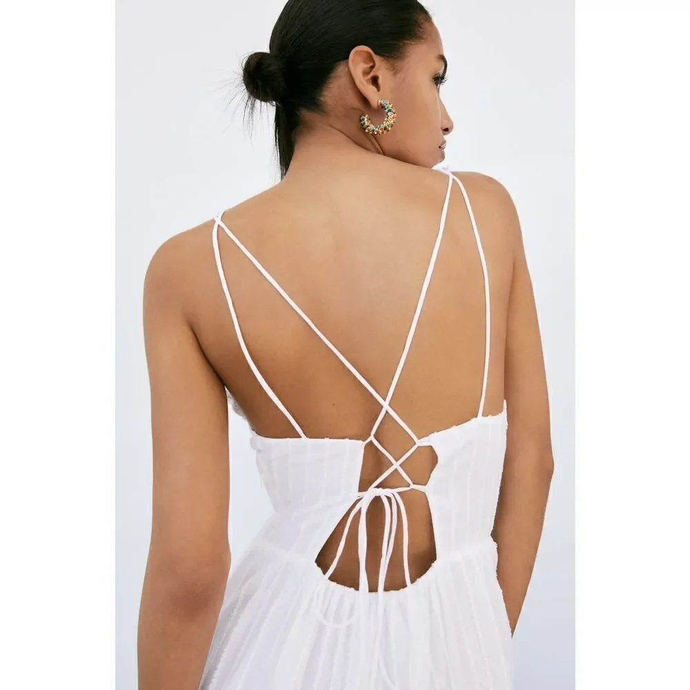 Zara Dress White Pleated Open Back New - Picture 6 of 10